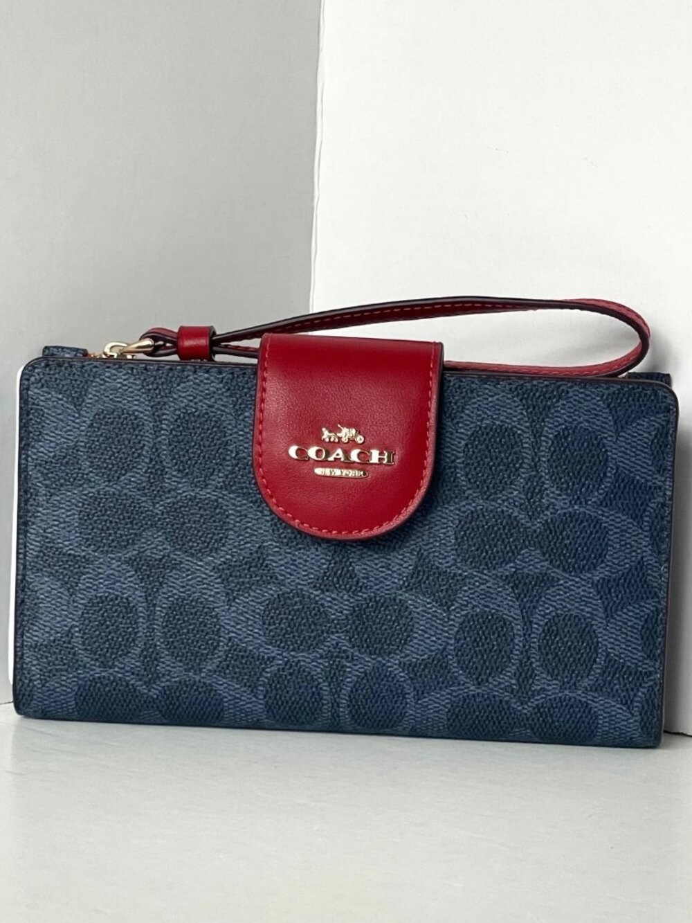 Coach Phone Wristlet Wallet Blue Red Signature Canvas ID Clutch CW780